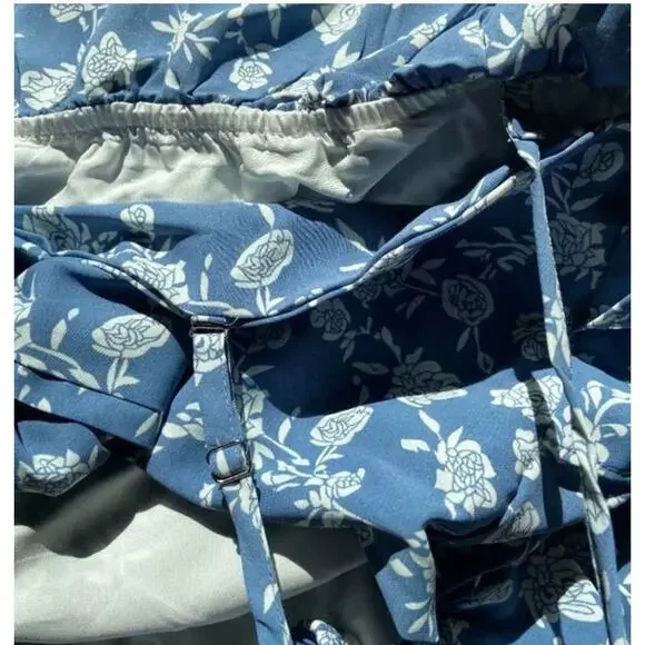 NWT Blue White Floral Spaghetti Strap Flowy Wide Leg Pantsuit Jumper Jumpsuit XL - Picture 9 of 16